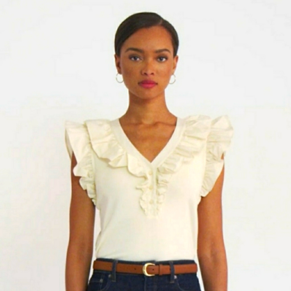 Lauren Ralph Lauren Women's Ruffle-Trim Cotton Sleeveless Top - XL -Winter Cream